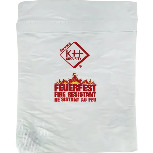 Feuerschutzhülle von K+H Security mit Aufschrift 'FEUERFEST FIRE RESISTANT RÉ'SISTANT AU FEU'.